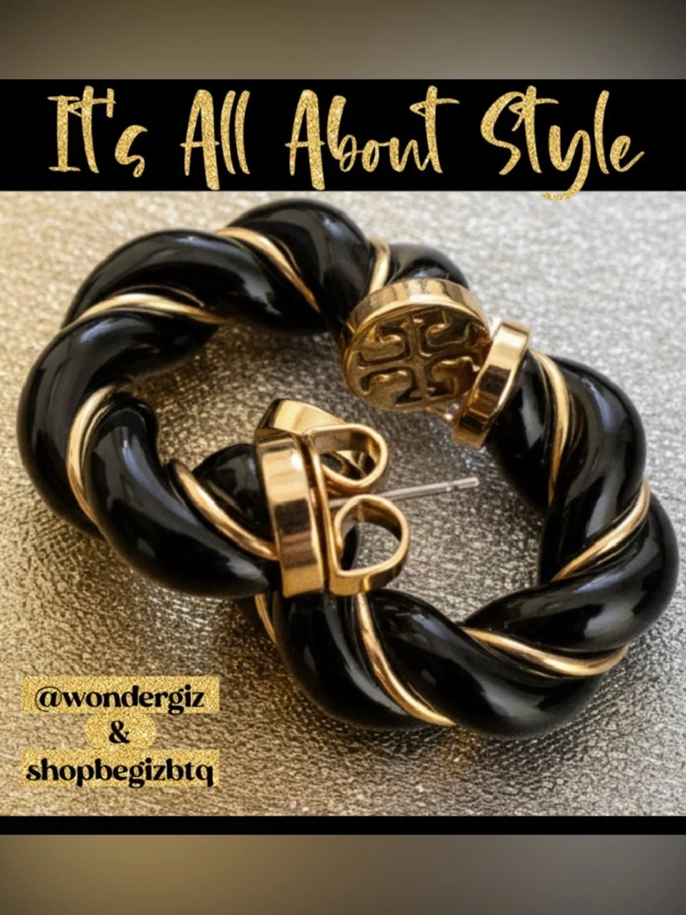 NWT Authentic Tory Burch Black and Gold Textured Rope Hoop Earrings